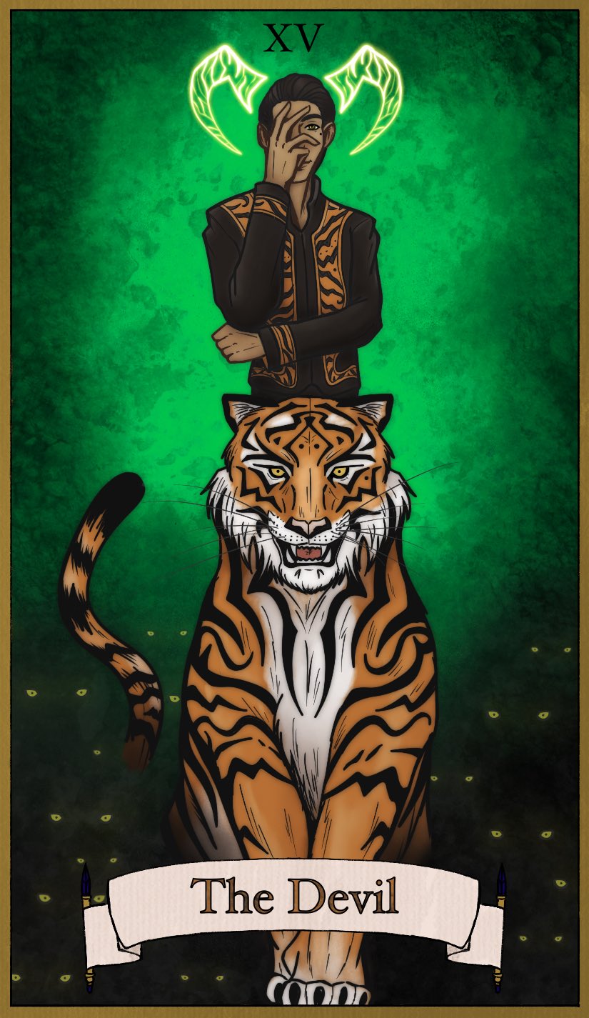 a man standing behind a tiger on a green background